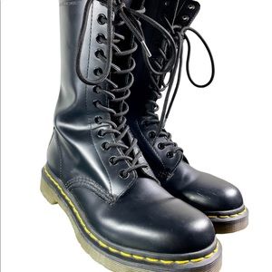 Dr. Martens Black Leather Lace-Up Combat Boots with Yellow Stitching